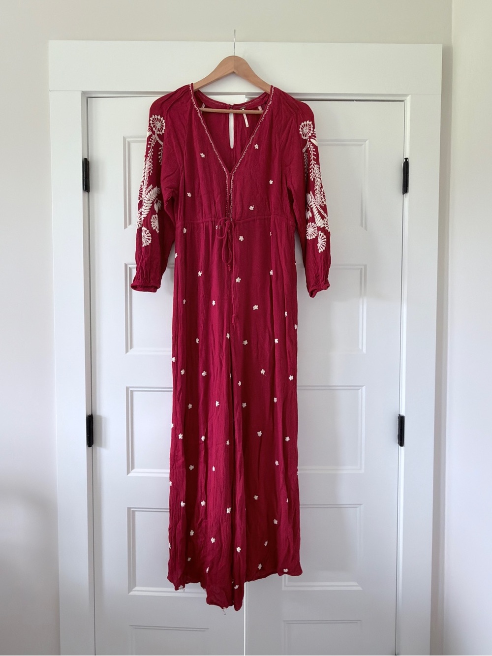 Free People Rich Red Embroidered Boho Jumpsuit Wide Leg XS